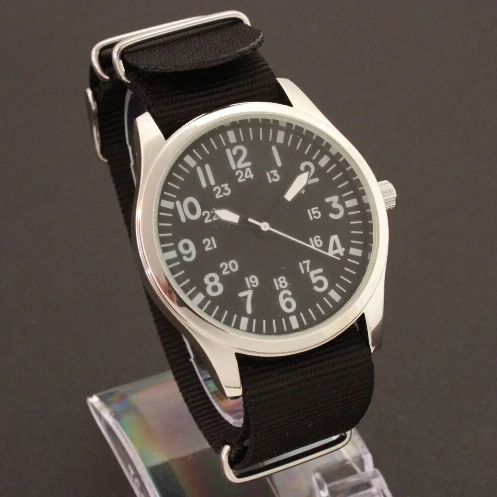 Men's Quartz Field Watch Silver Tone Case Black Military Strap 42mm